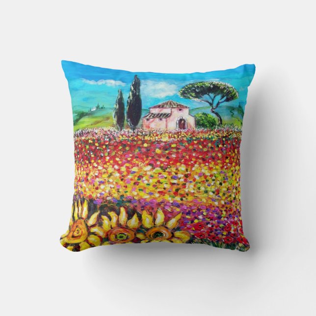 FLORA IN TUSCANY/ Fields ,Poppies and Sunflowers Cushion (Front)