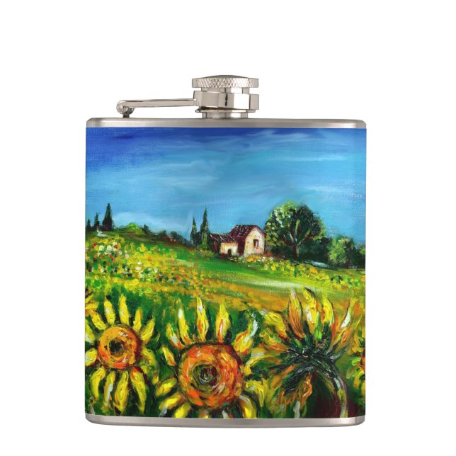 FLORA IN TUSCANY/ Fields ,Poppies and Sunflowers Hip Flask (Front)
