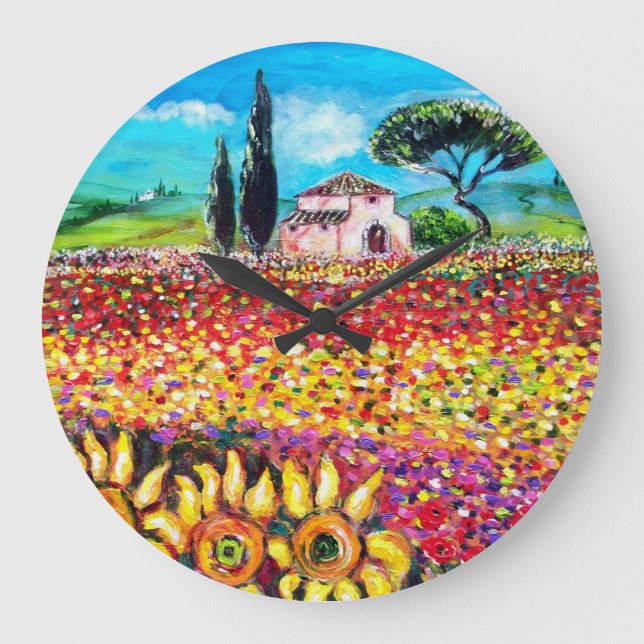 FLORA IN TUSCANY/ Fields ,Poppies and Sunflowers Large Clock (Front)