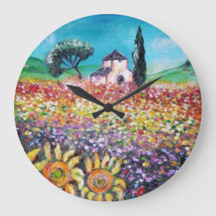 FLORA IN TUSCANY/ Fields ,Poppies and Sunflowers Large Clock