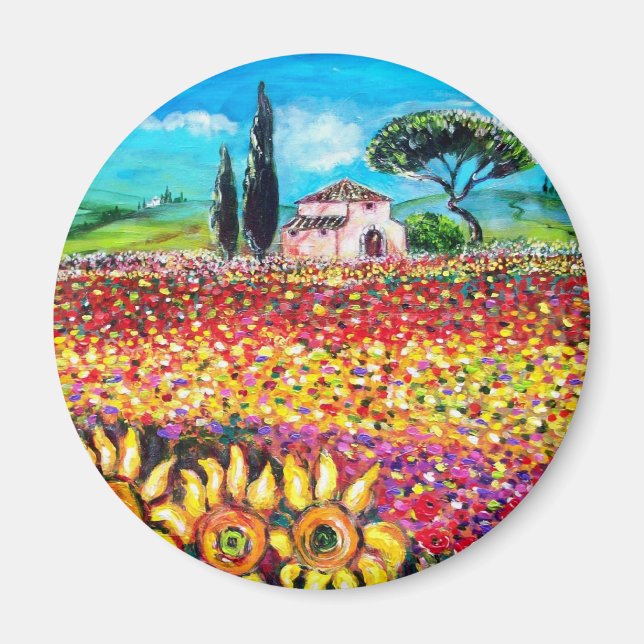 FLORA IN TUSCANY/ Fields ,Poppies and Sunflowers Magnet (Front)
