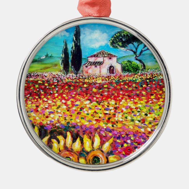 FLORA IN TUSCANY/ Fields ,Poppies and Sunflowers Metal Ornament (Front)