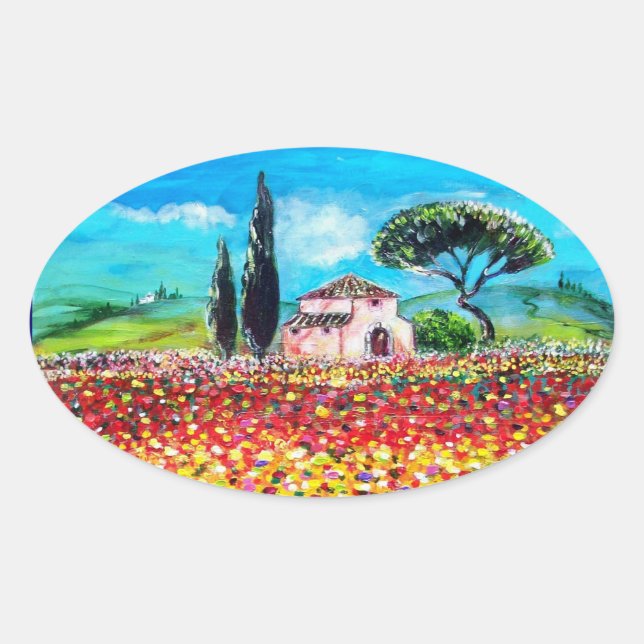 FLORA IN TUSCANY/ Fields ,Poppies and Sunflowers Oval Sticker (Front)