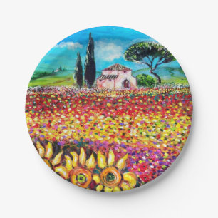 FLORA IN TUSCANY/ Fields ,Poppies and Sunflowers Paper Plate