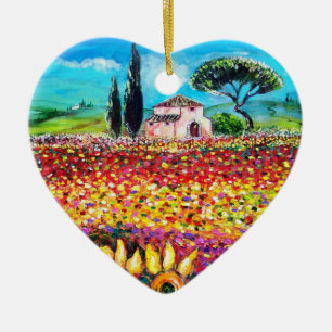 FLORA IN TUSCANY/ Poppies and Sunflowers ,heart Ceramic Tree Decoration