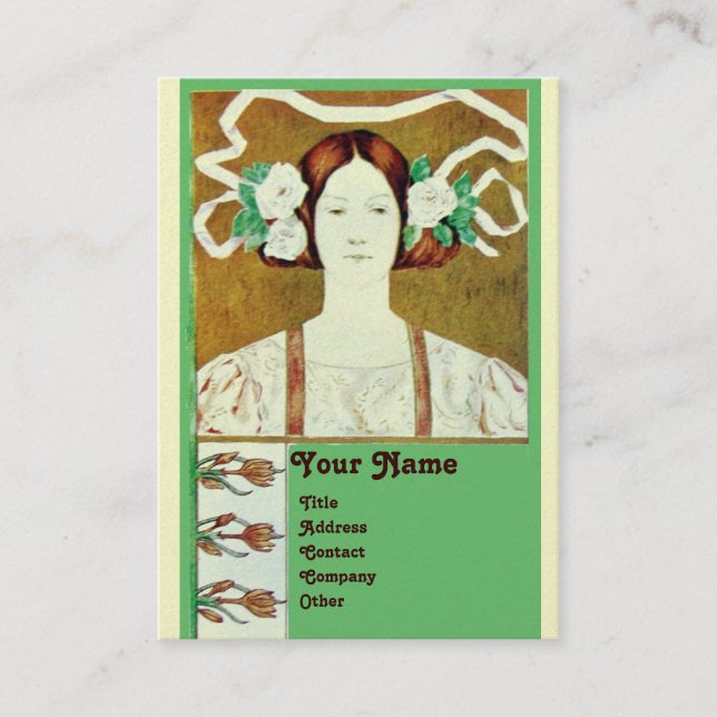 FLORA/LADY WITH WHITE ROSES MONOGRAM  Pearl Business Card (Front)