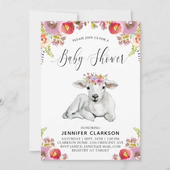 Flora Lamb Baby Shower Invitation (Front)