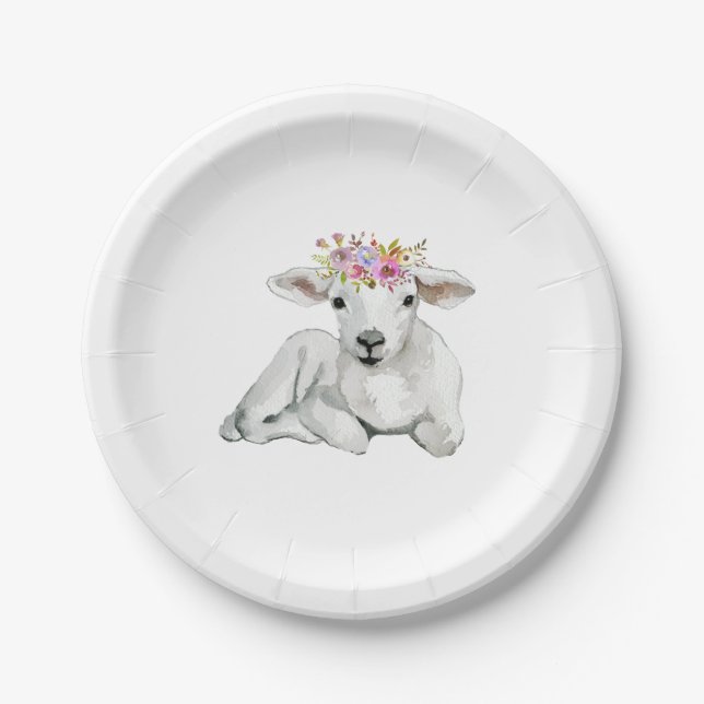 Flora Lamb Baby Shower Paper Plate (Front)