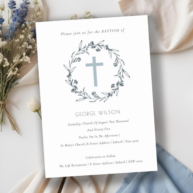 Flora Laurel Wreath Dusky Blue Grey Baptism Invite (Creator Uploaded)