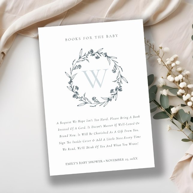 Flora Laurel Wreath Monogram Books for Baby Shower Enclosure Card (Creator Uploaded)