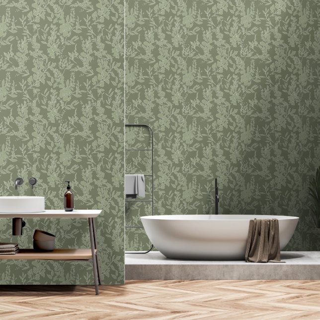 Flora textured wallpaper in olive green  (Bathroom)