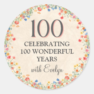 Floral 100th Birthday – Elegant Wildflowers Classic Round Sticker