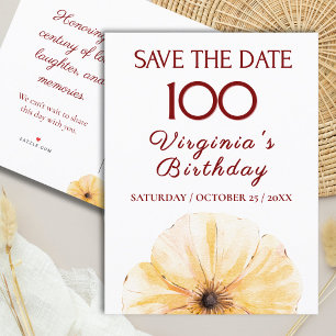 Floral 100th Birthday, Elegant Yellow Bloom Design Announcement Postcard