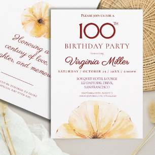 Floral 100th Birthday, Elegant Yellow Bloom Design Invitation