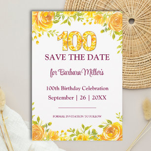 Floral 100th Birthday Elegant Yellow Roses Save The Date