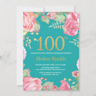 Floral 100th Birthday Gold Glitter and Teal Invitation