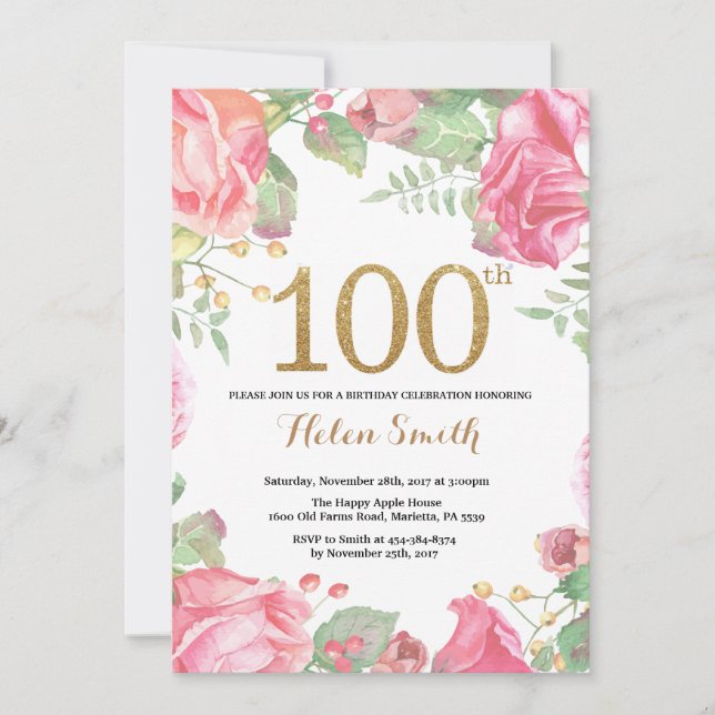 Floral 100th Birthday Invitation Gold Glitter (Front)