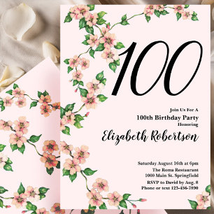 Floral 100th Birthday Invitation in Blush Pink