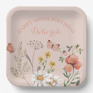 Floral 100th Birthday Party Paper Plate