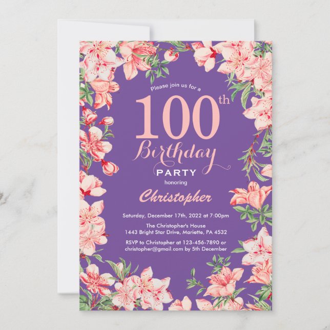 Floral 100th Birthday Pink Flowers Purple Violet Invitation (Front)