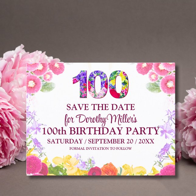 Floral 100th Birthday Save The Date, Elegant 100 Postcard (Creator Uploaded)