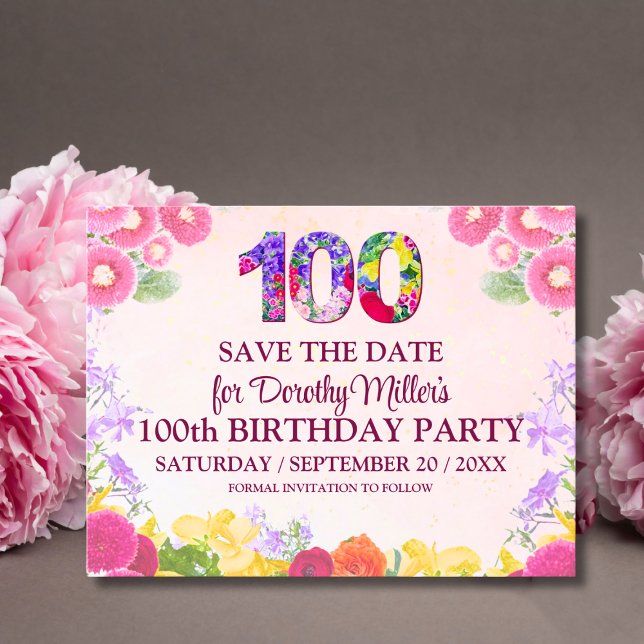 Floral 100th Birthday Save The Date, Pastel 100 Postcard (Creator Uploaded)