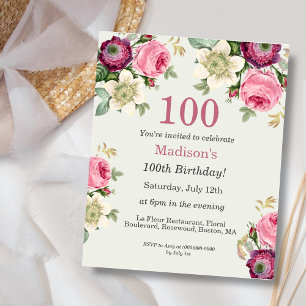 Floral 100th Budget Birthday Invitation