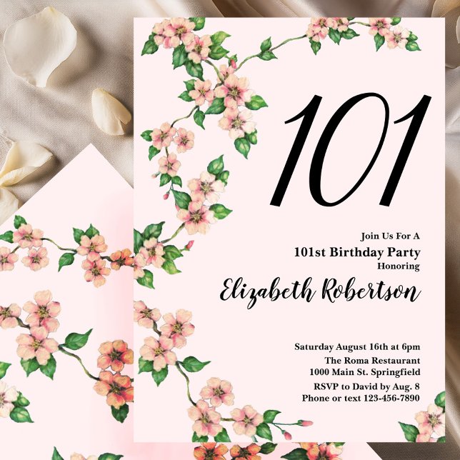 Floral 101st Birthday Invitation in Blush Pink (Creator Uploaded)
