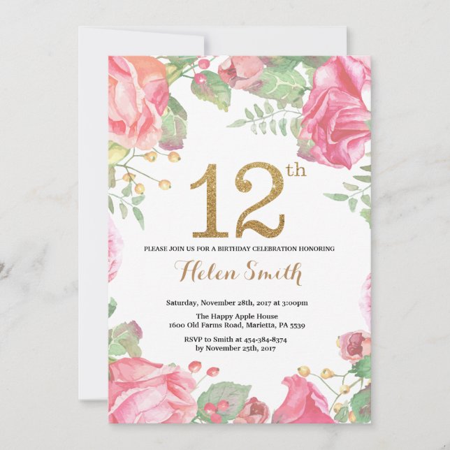 Floral 12th Birthday Invitation Gold Glitter (Front)