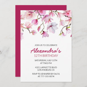 Floral 12th birthday invitation Watercolor Pink
