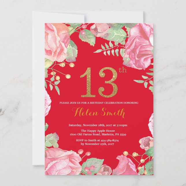 Floral 13th Birthday Gold Glitter Red Invitation (Front)