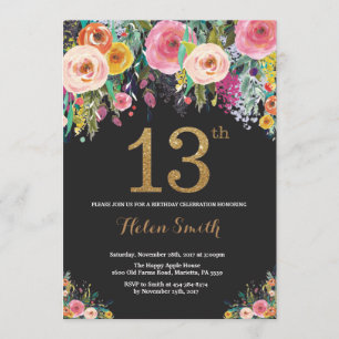 Floral 13th Birthday Invitation Gold Glitter