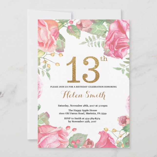 Floral 13th Birthday Invitation Gold Glitter (Front)