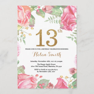 Floral 13th Birthday Invitation Gold Glitter