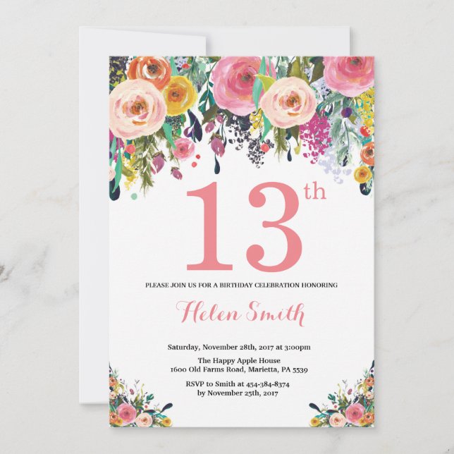 Floral 13th Birthday Invitation Pink (Front)
