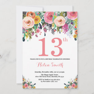 Floral 13th Birthday Invitation Pink