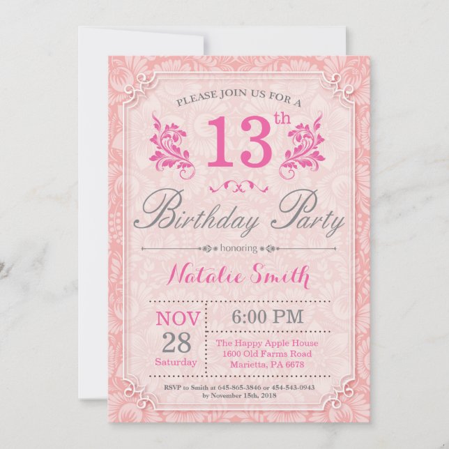 Floral 13th Birthday Invitation Pink for Women (Front)