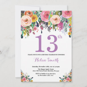 Floral 13th Birthday Invitation Purple
