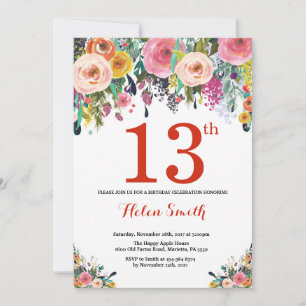 Floral 13th Birthday Invitation Red