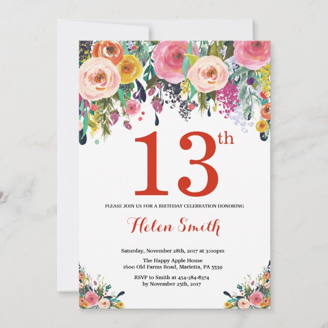 Floral 13th Birthday Invitation Red (Front)