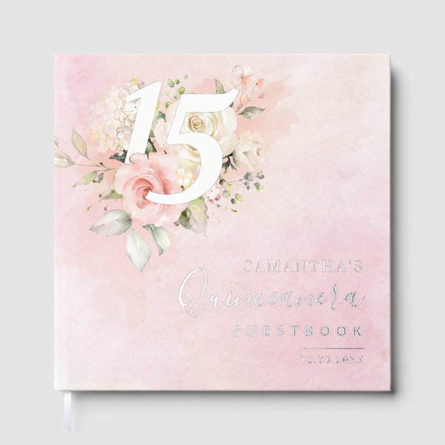 Floral 15 Birthday Party Silver Foil Script Guest Book (Front)
