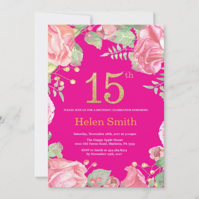 Floral 15th Birthday Gold Glitter and Hot Pink Invitation (Front)