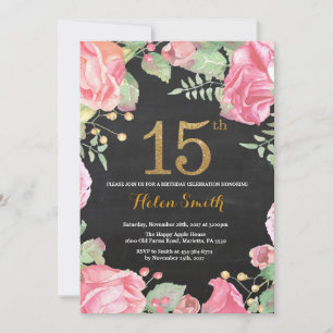 Floral 15th Birthday Invitation Gold Glitter