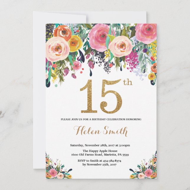 Floral 15th Birthday Invitation Gold Glitter (Front)