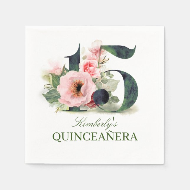 Floral 15th Quinceanera Birthday Napkin (Front)