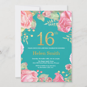 Floral 16th Birthday Gold Glitter and Teal Invitation