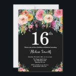 Floral 16th Birthday Invitation<br><div class="desc">Floral 16th Birthday Invitation for Girl. Watercolor Floral Flower. Black Chalkboard Background. Pink,  Yellow,  Orange,  Purple Flower. Kids Birthday. For further customisation,  please click the "Customise it" button and use our design tool to modify this template.</div>
