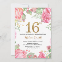 Floral 16th Birthday Invitation Gold Glitter