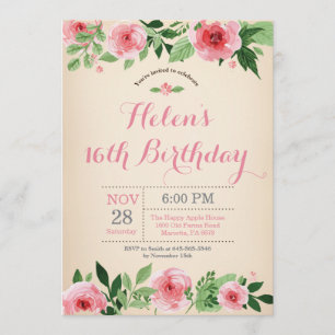 Floral 16th Birthday Invitation Pink Watercolor