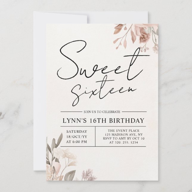 Floral 16th Birthday party  Invitation (Front)